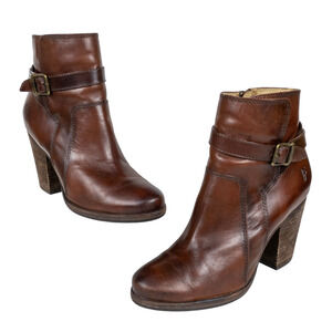 FRYE Patty Riding Ankle Boots Cognac Brown Leather Block Heel Women's 7